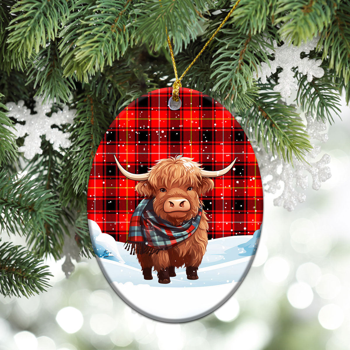 MacIver Modern Tartan Christmas Ceramic Ornament - Highland Cows Snow Style