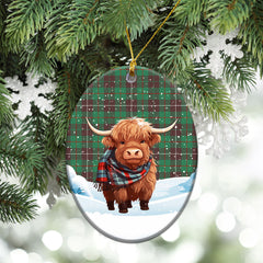 MacKinnon Hunting Ancient Tartan Christmas Ceramic Ornament - Highland Cows Snow Style