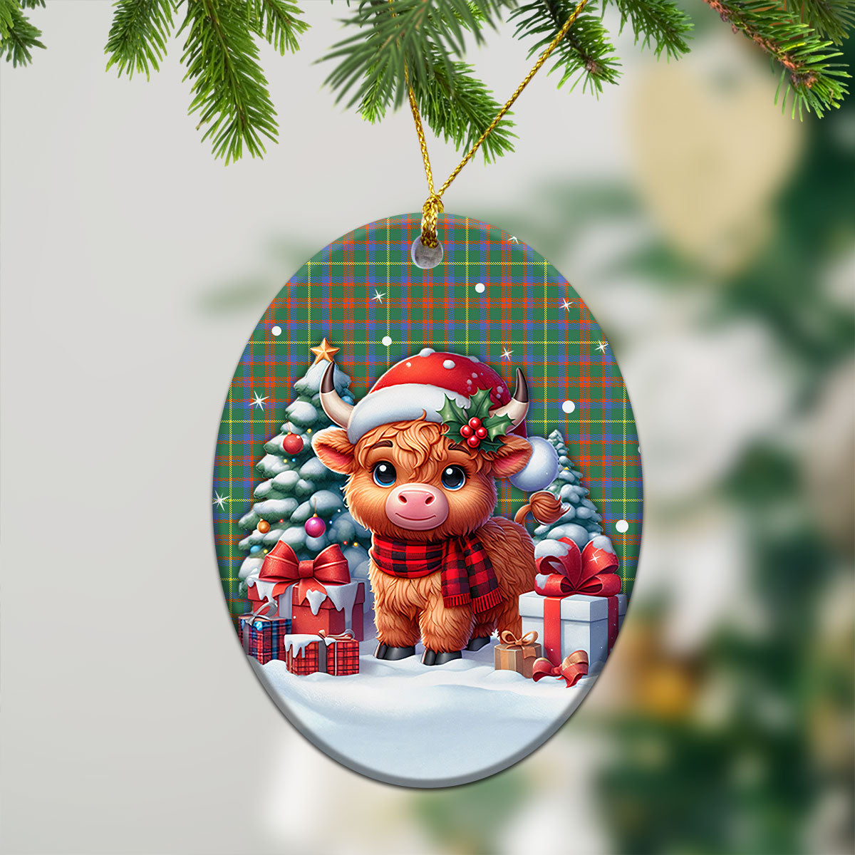 MacKintosh Hunting Ancient Tartan Christmas Ceramic Ornament - Highland Cow Winter Style