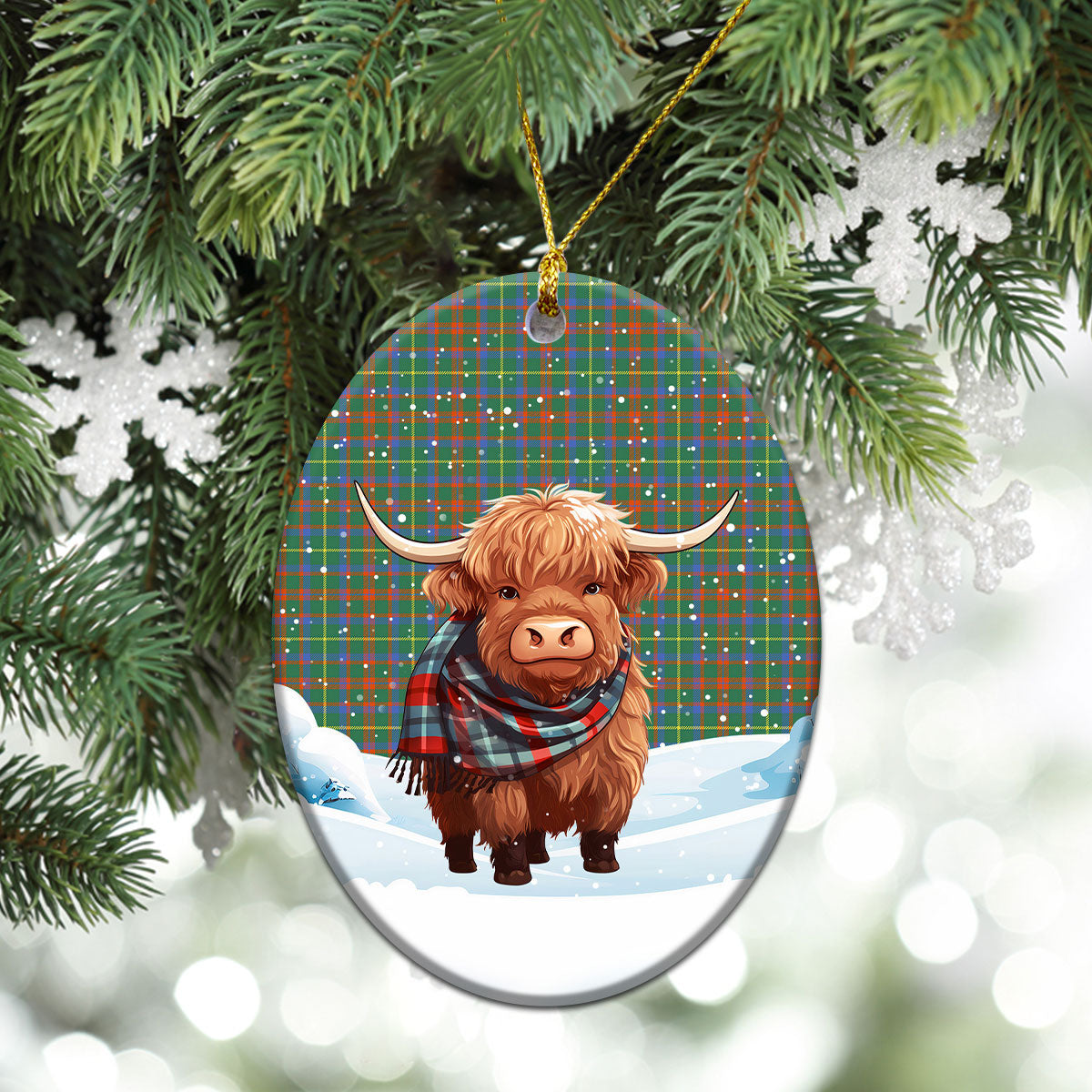 MacKintosh Hunting Ancient Tartan Christmas Ceramic Ornament - Highland Cows Snow Style