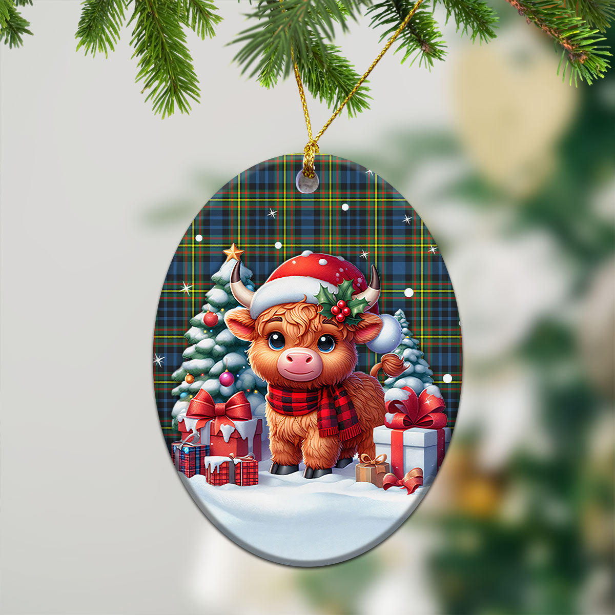 MacLellan Ancient Tartan Christmas Ceramic Ornament - Highland Cow Winter Style