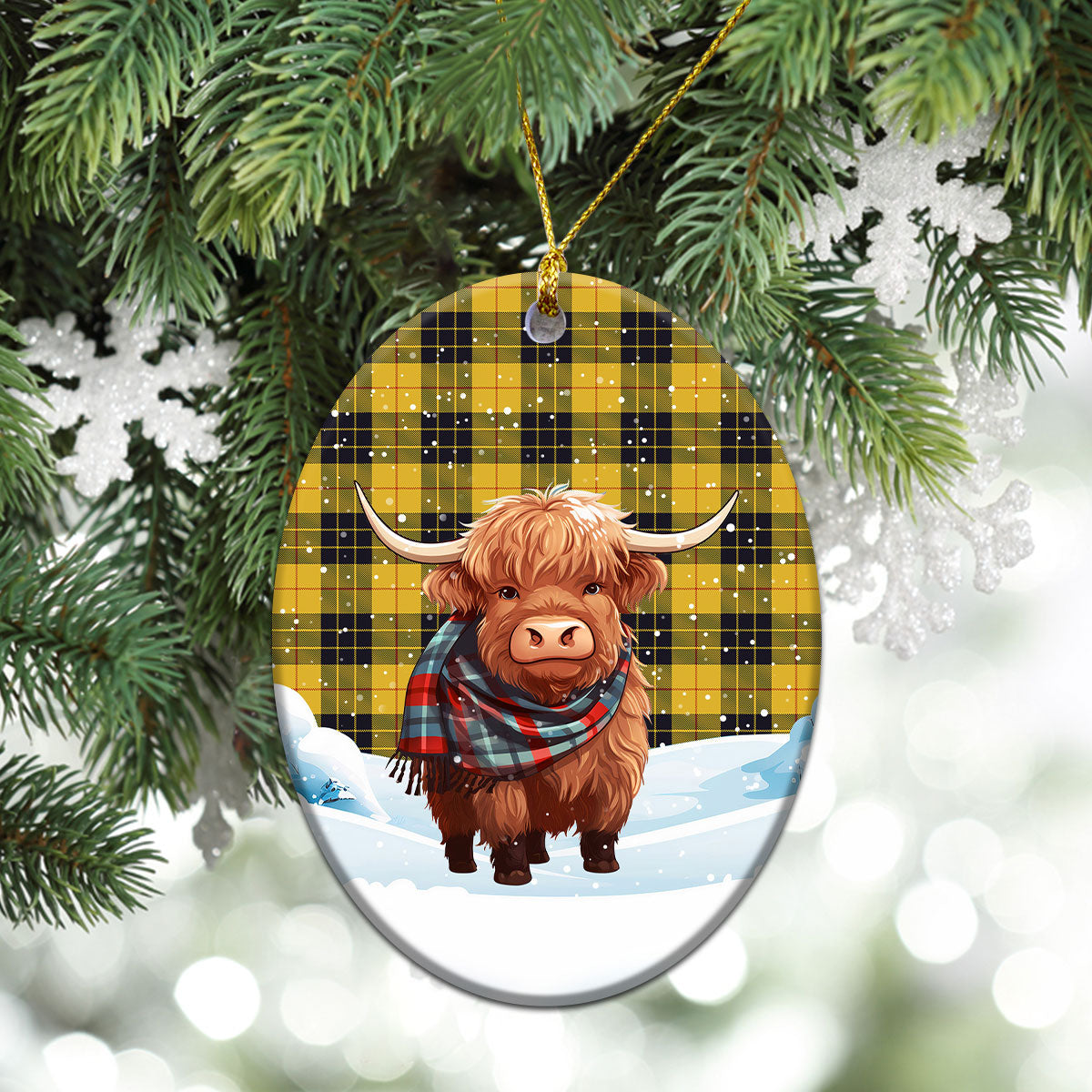 MacLeod of Lewis Ancient Tartan Christmas Ceramic Ornament - Highland Cows Snow Style