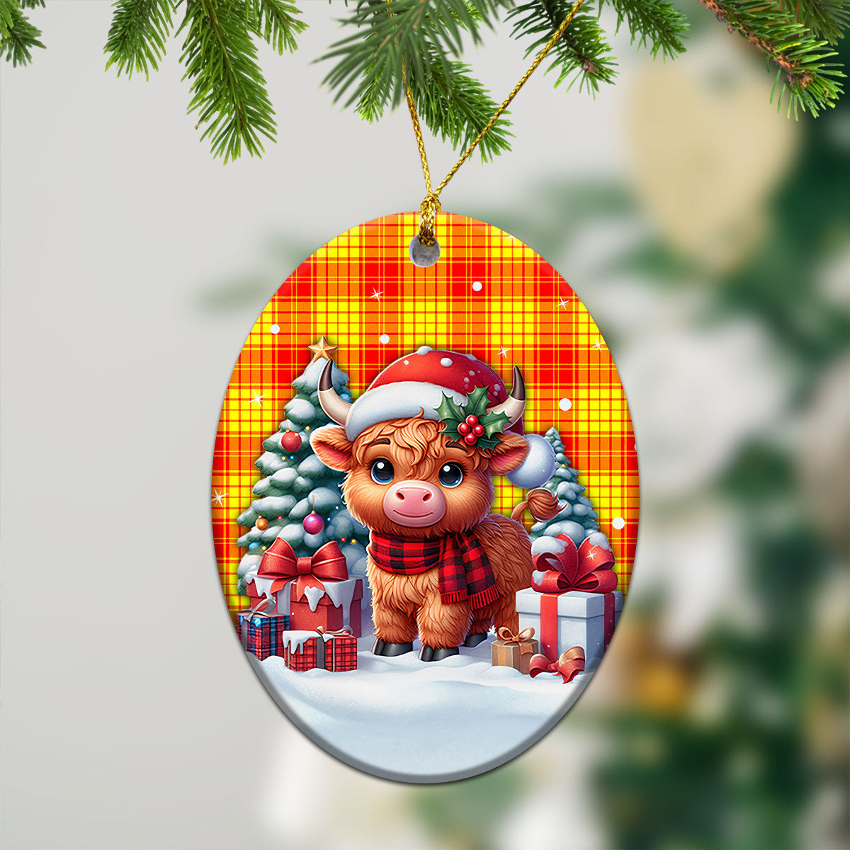 MacMillan Clan Tartan Christmas Ceramic Ornament - Highland Cow Winter Style