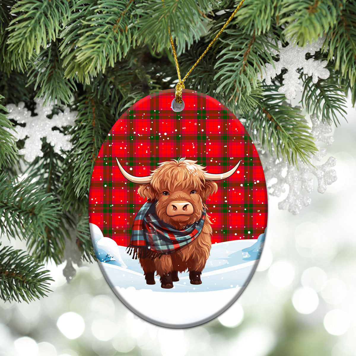 MacNab Modern Tartan Christmas Ceramic Ornament - Highland Cows Snow Style