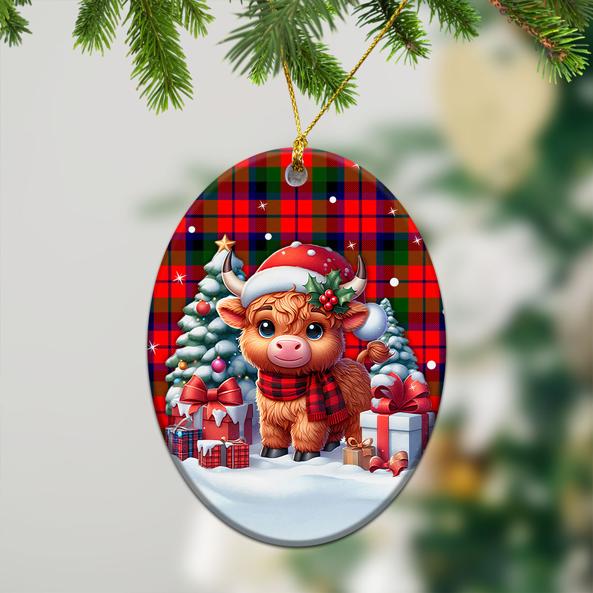 MacNaughten Tartan Christmas Ceramic Ornament - Highland Cow Winter Style