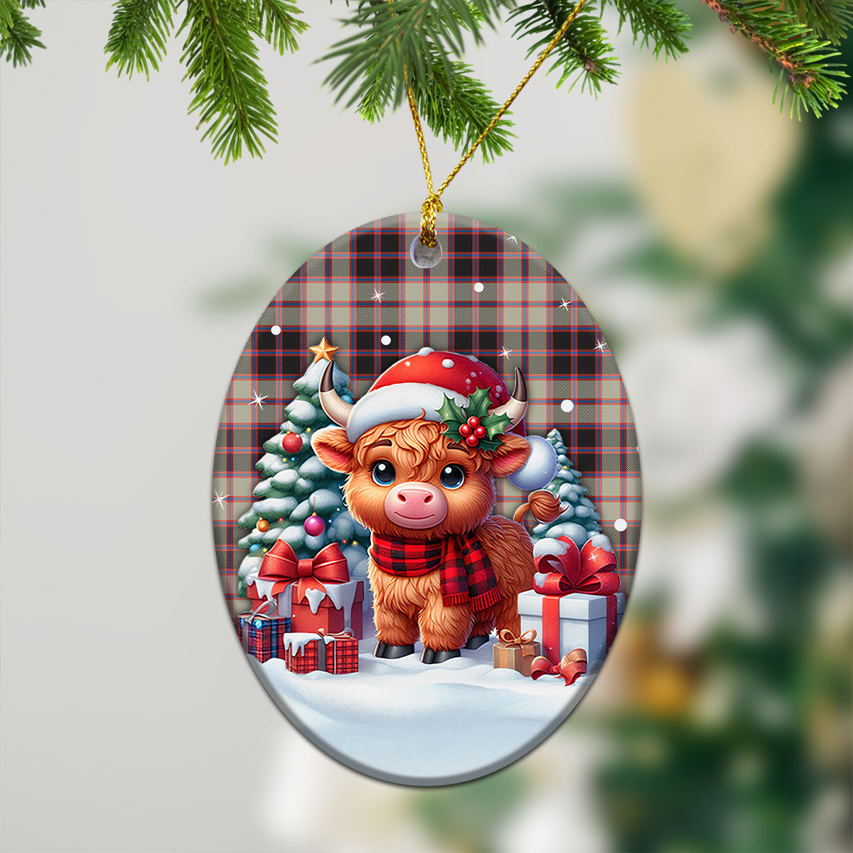 MacPherson Hunting Ancient Tartan Christmas Ceramic Ornament - Highland Cow Winter Style