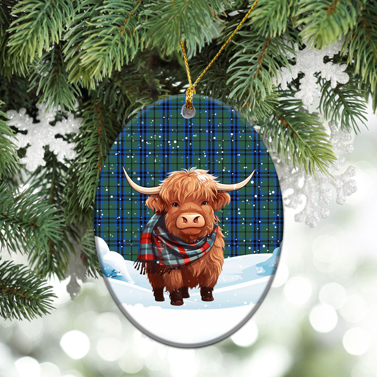 Marshall Tartan Christmas Ceramic Ornament - Highland Cows Snow Style