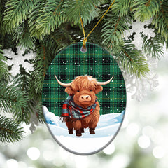 McArthur Ancient Tartan Christmas Ceramic Ornament - Highland Cows Snow Style