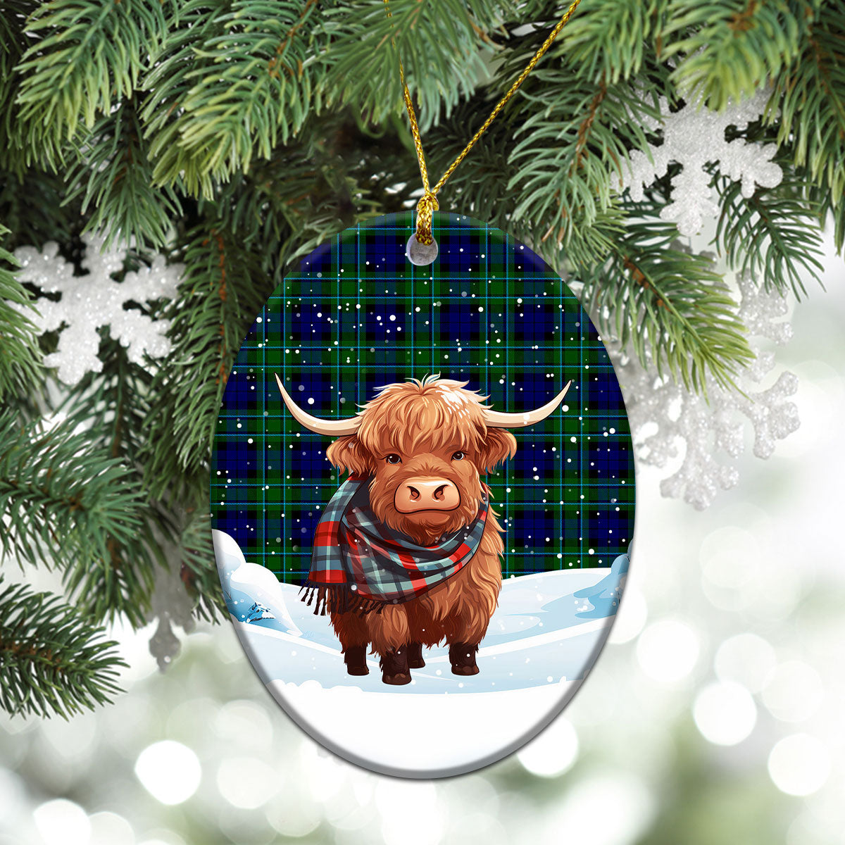 McCallum Modern Tartan Christmas Ceramic Ornament - Highland Cows Snow Style