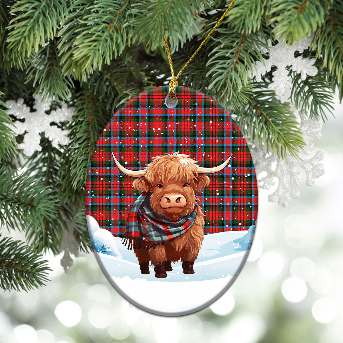 McDuff Modern Tartan Christmas Ceramic Ornament - Highland Cows Snow Style