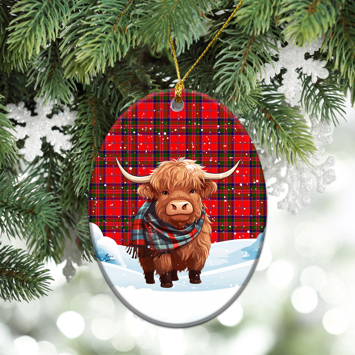 McGillivray Modern Tartan Christmas Ceramic Ornament - Highland Cows Snow Style