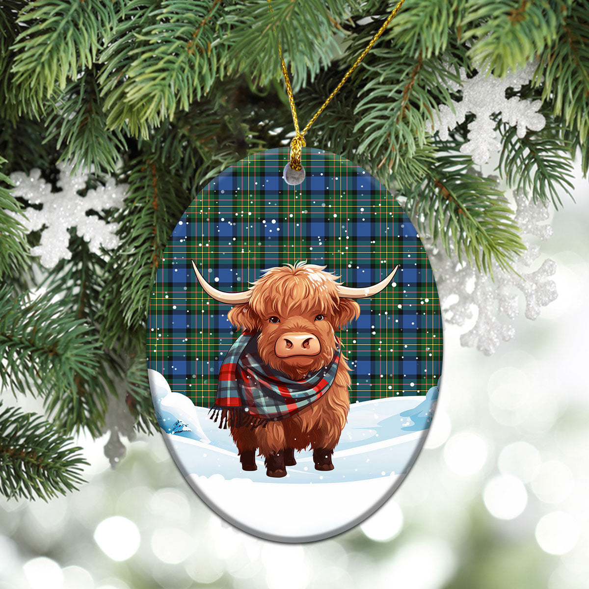 McLaren Ancient Tartan Christmas Ceramic Ornament - Highland Cows Snow Style