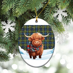 McLellan Ancient Tartan Christmas Ceramic Ornament - Highland Cows Snow Style