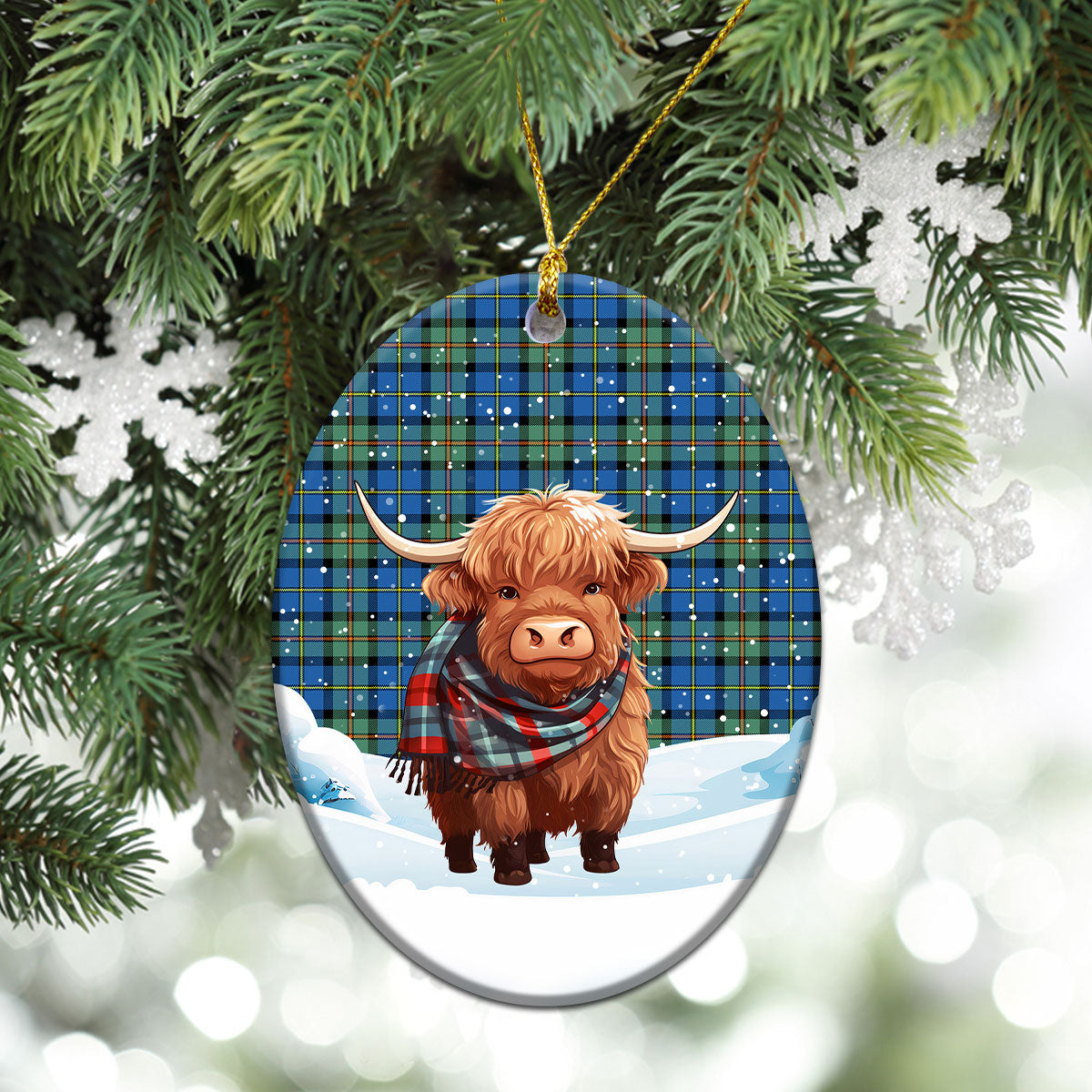 McLeod of Harris Ancient Tartan Christmas Ceramic Ornament - Highland Cows Snow Style