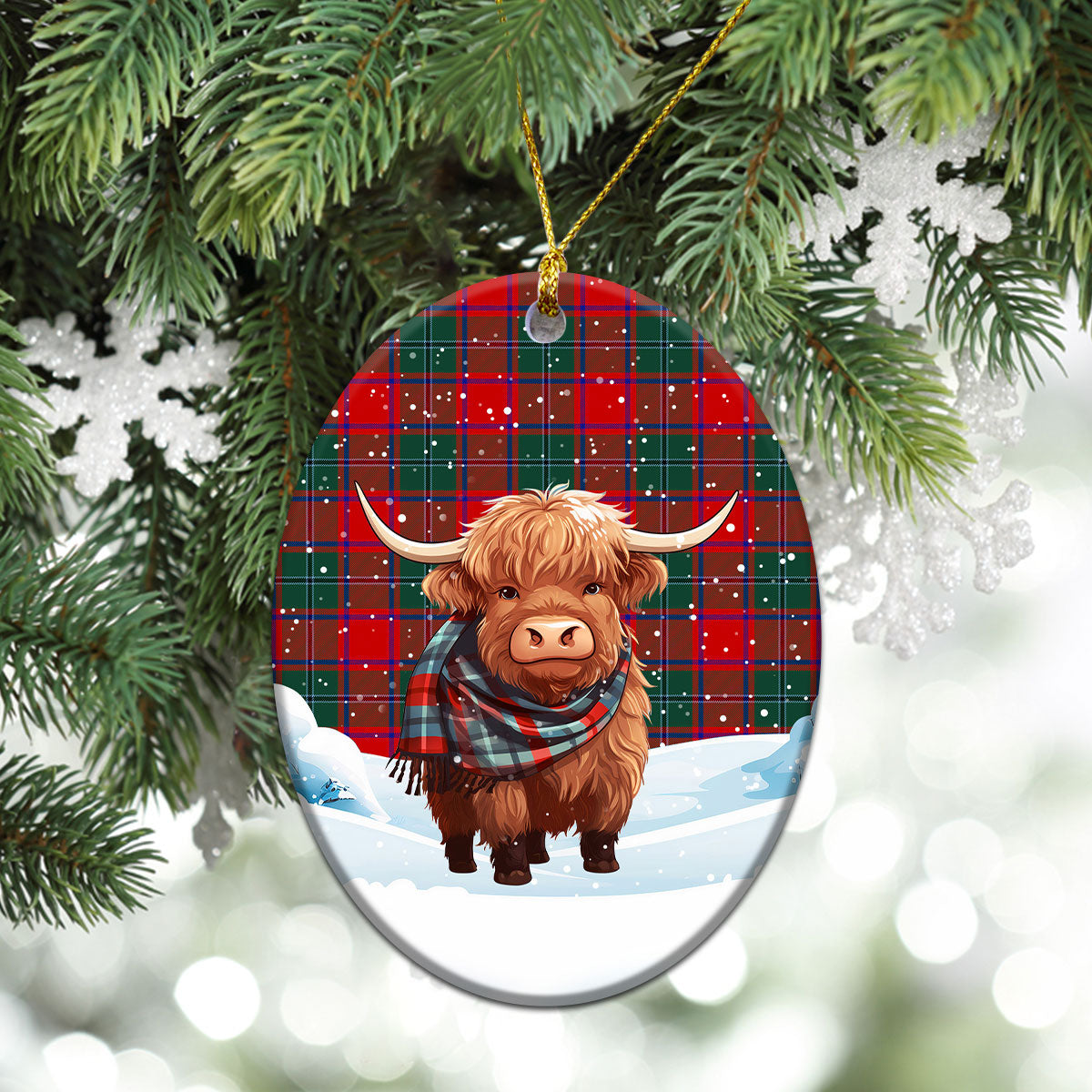 McPhail Clan Tartan Christmas Ceramic Ornament - Highland Cows Snow Style