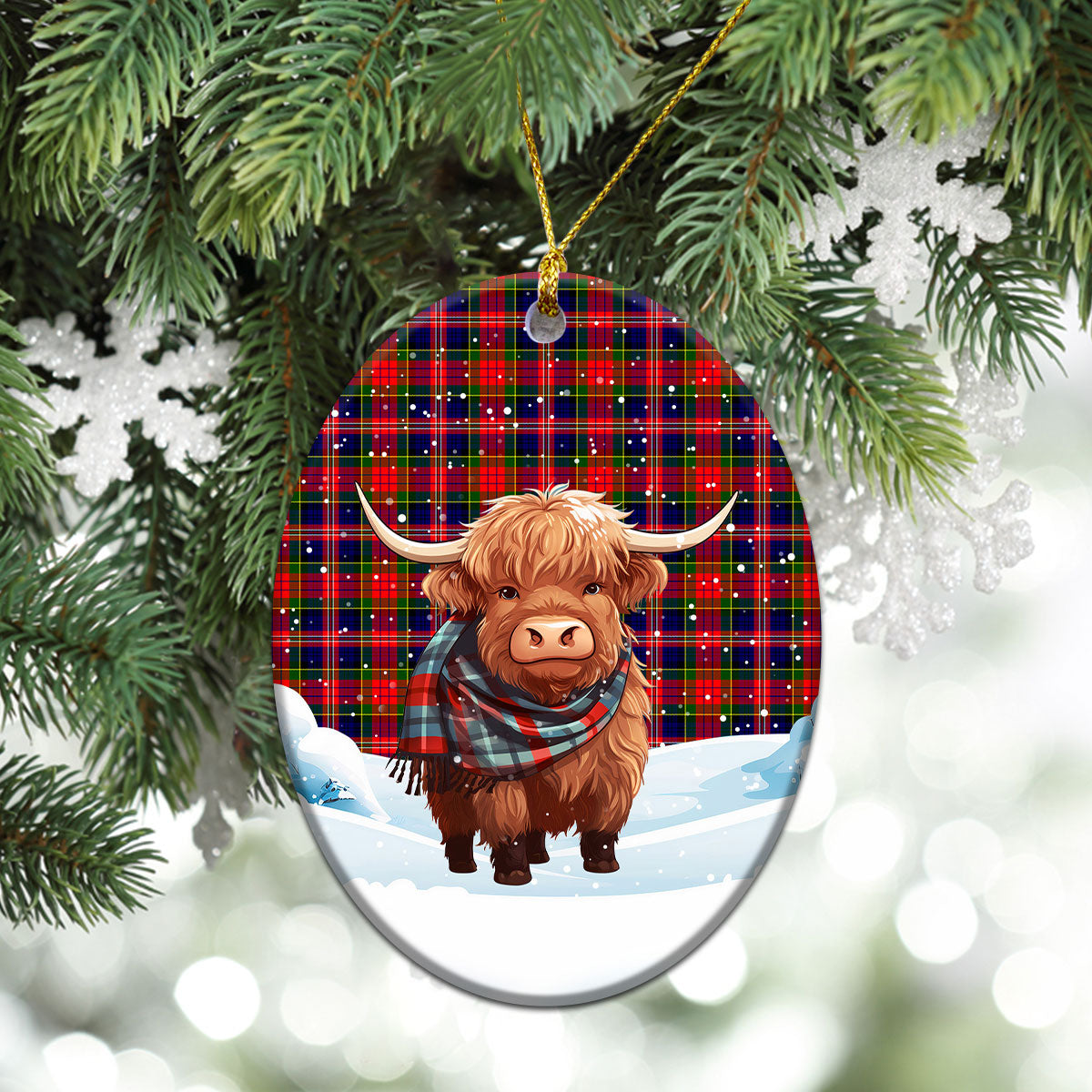 McPherson Modern Tartan Christmas Ceramic Ornament - Highland Cows Snow Style