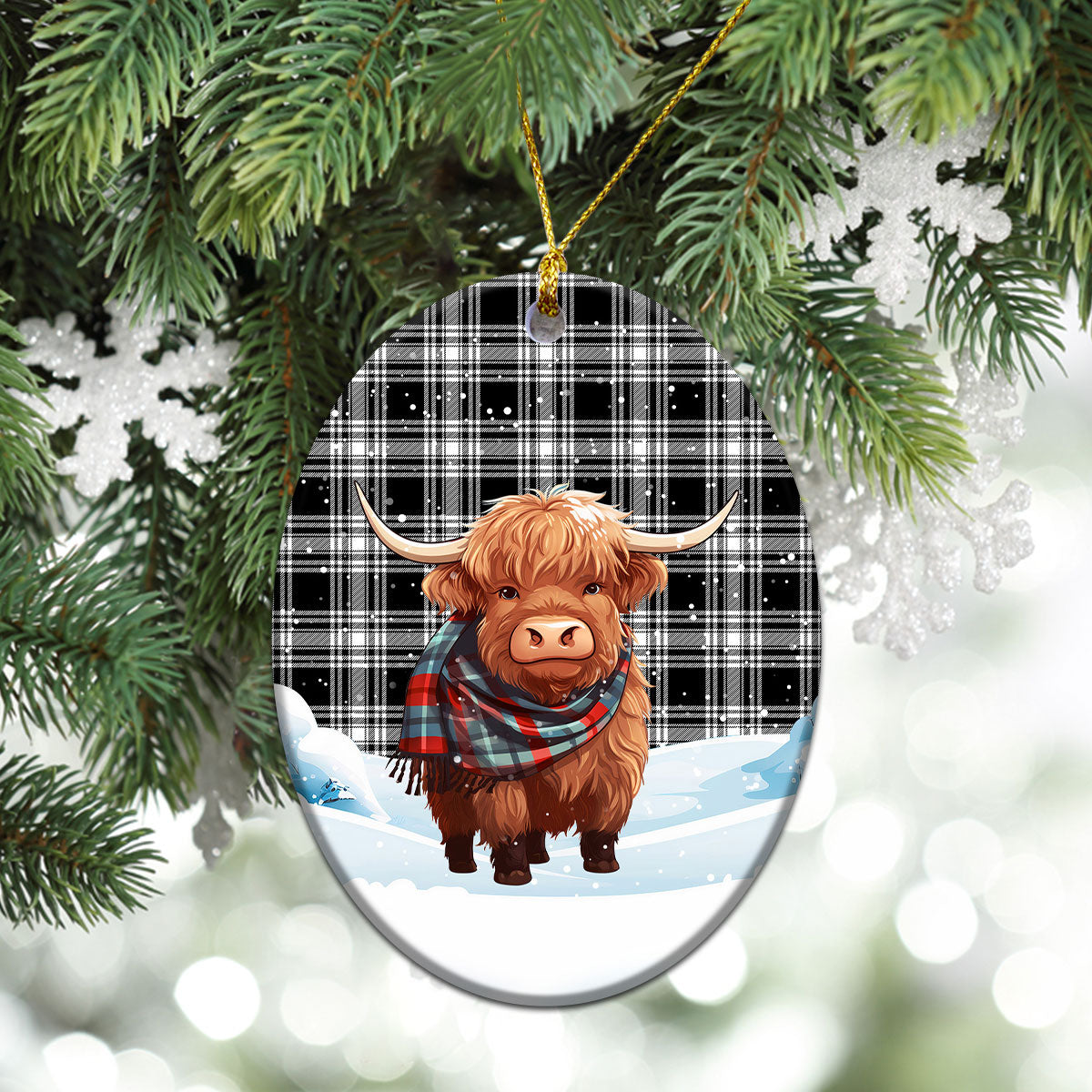 Menzies Black - White Modern Tartan Christmas Ceramic Ornament - Highland Cows Snow Style