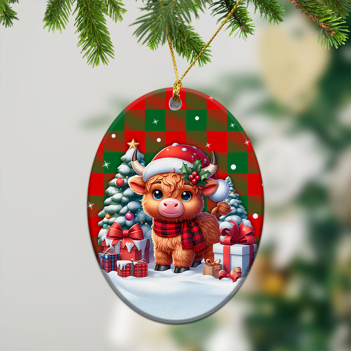 Moncreiffe (or Moncreiff) Tartan Christmas Ceramic Ornament - Highland Cow Winter Style