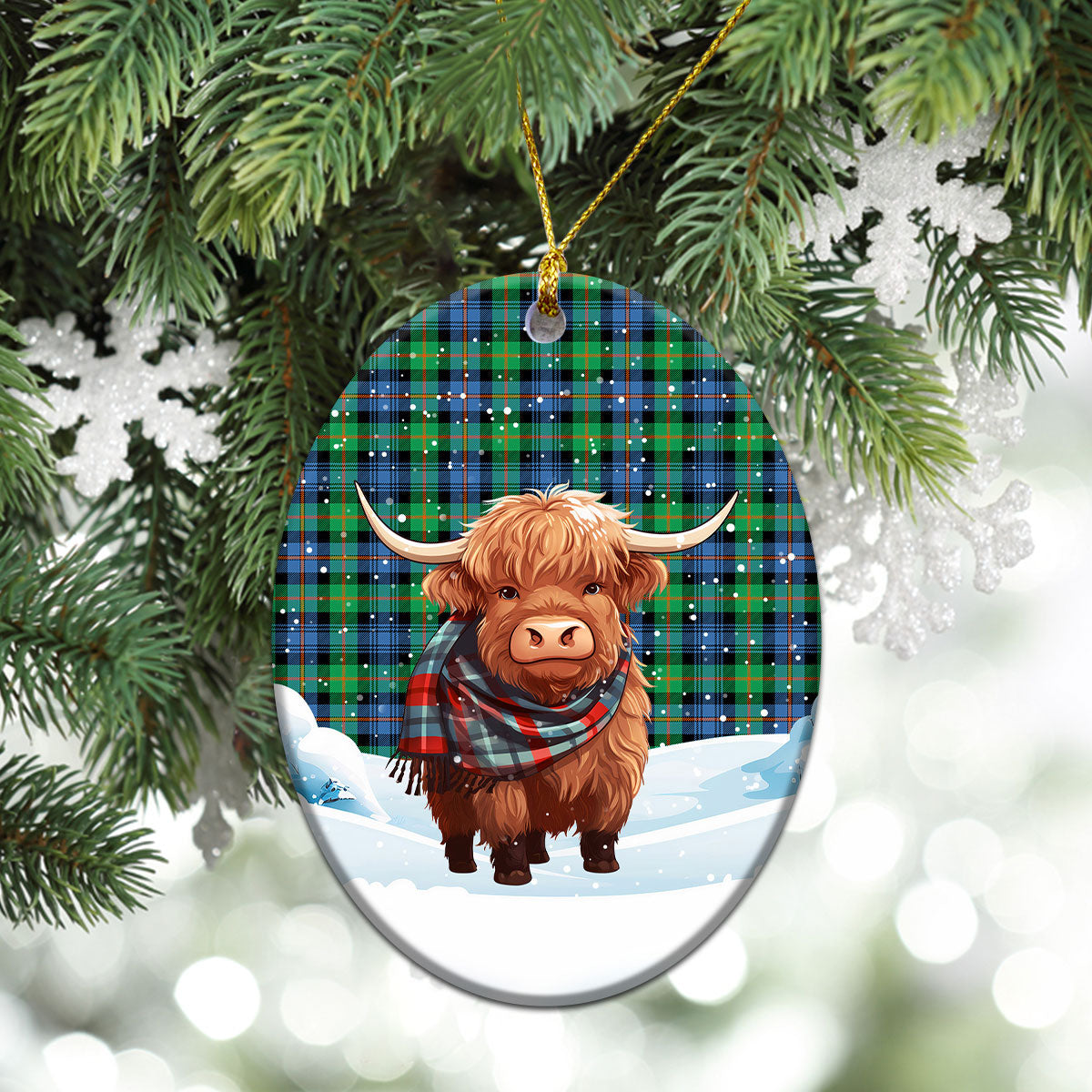 Murray of Atholl Ancient Tartan Christmas Ceramic Ornament - Highland Cows Snow Style