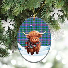 Pitcairn Hunting Tartan Christmas Ceramic Ornament - Highland Cows Snow Style