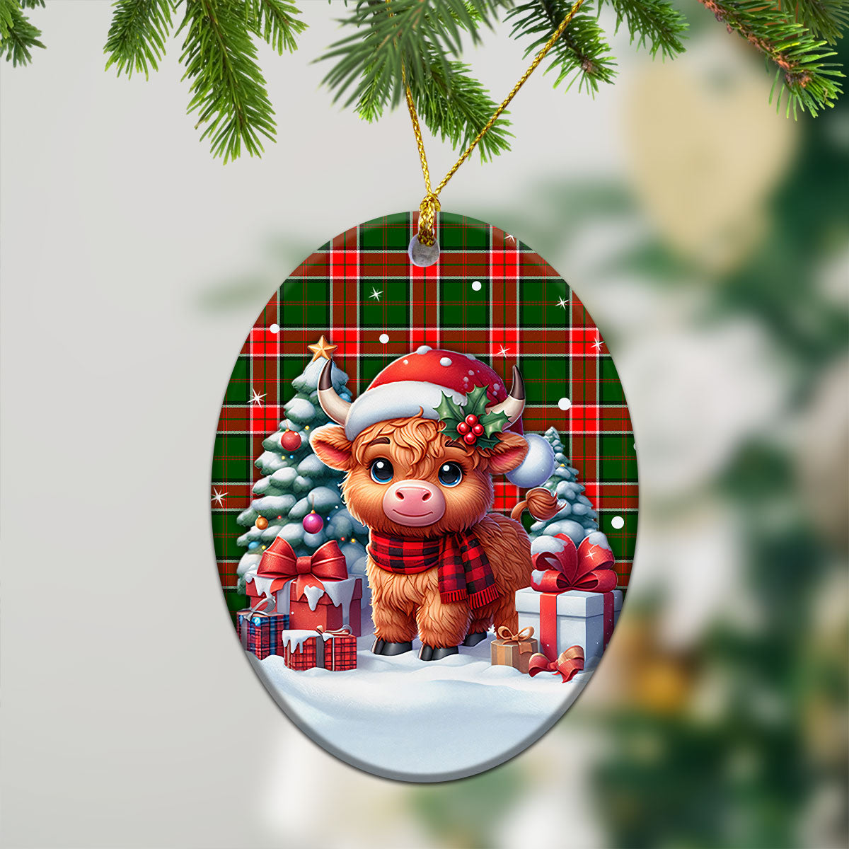 Pollock Tartan Christmas Ceramic Ornament - Highland Cow Winter Style