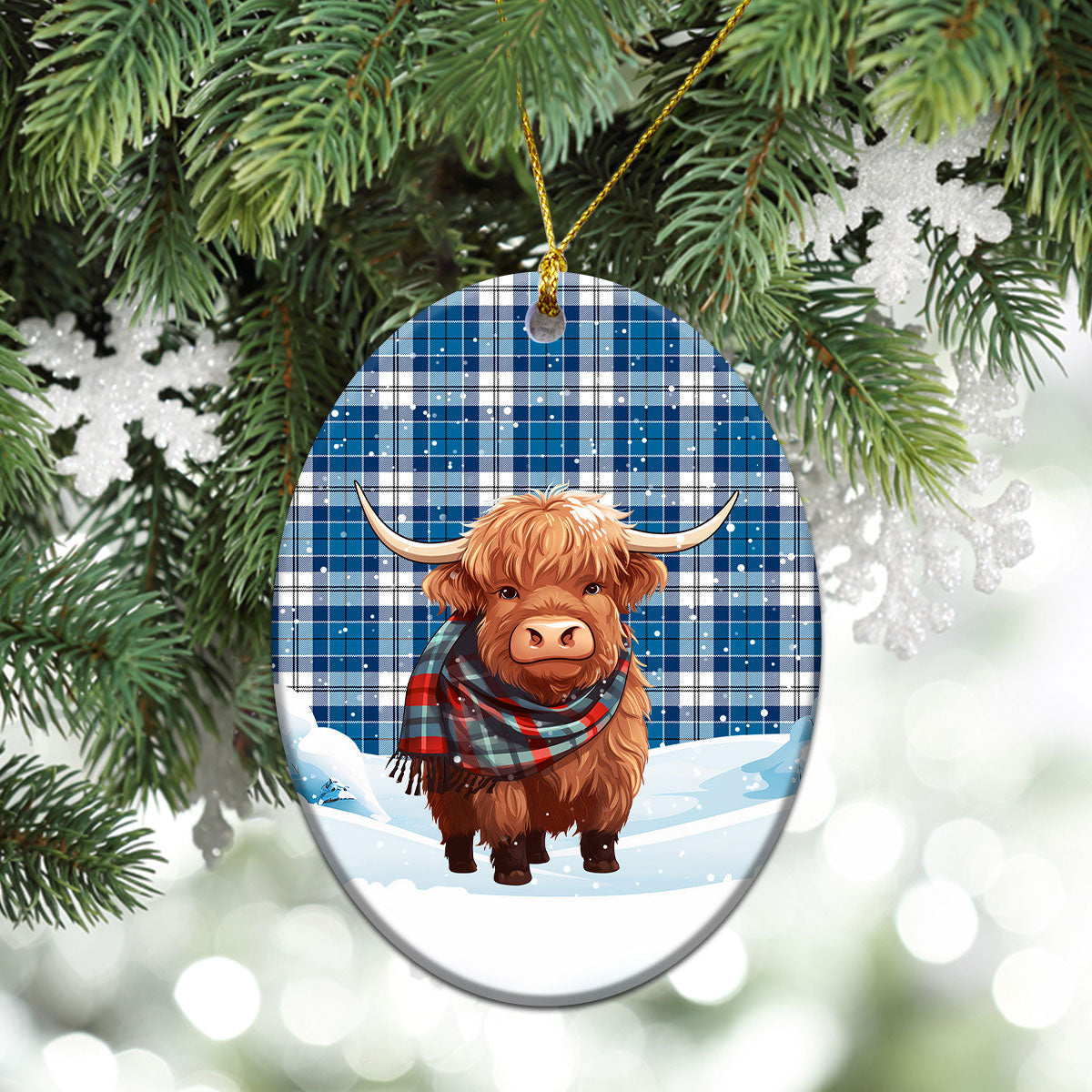 Roberton Tartan Christmas Ceramic Ornament - Highland Cows Snow Style