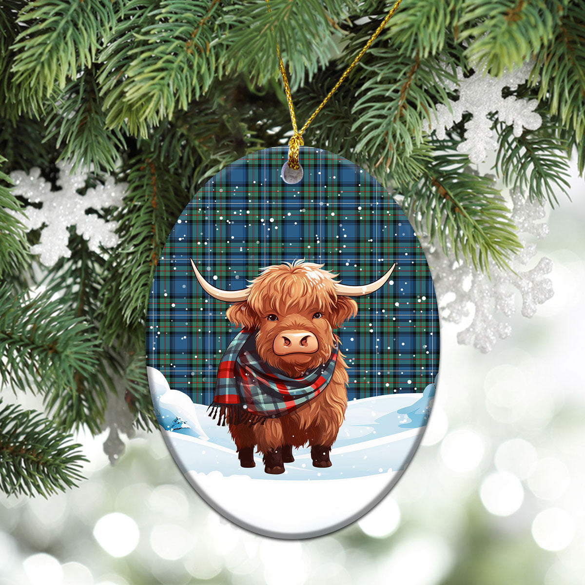 Robertson Hunting Ancient Tartan Christmas Ceramic Ornament - Highland Cows Snow Style