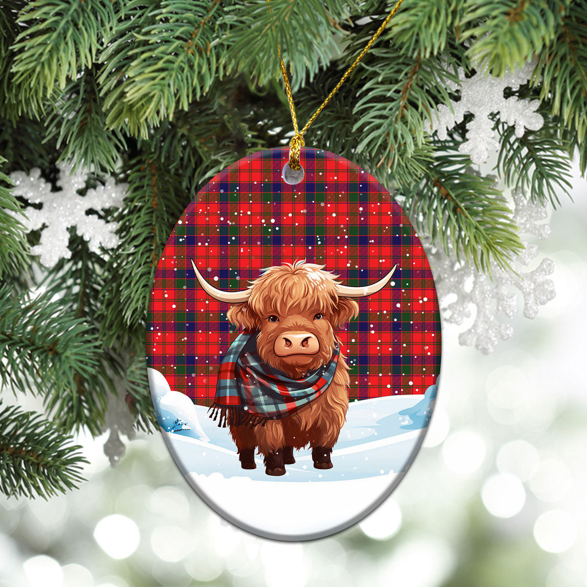 Robertson Modern Tartan Christmas Ceramic Ornament - Highland Cows Snow Style