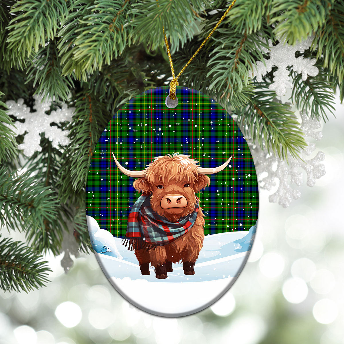 Rollo Modern Tartan Christmas Ceramic Ornament - Highland Cows Snow Style