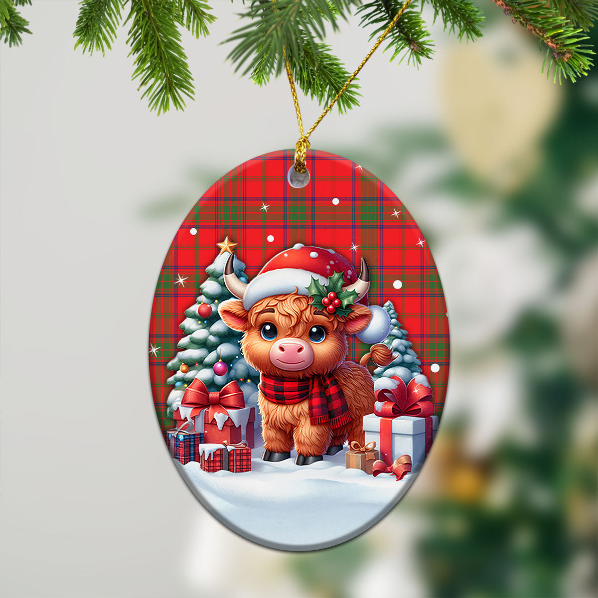 Ross Modern Tartan Christmas Ceramic Ornament - Highland Cow Winter Style