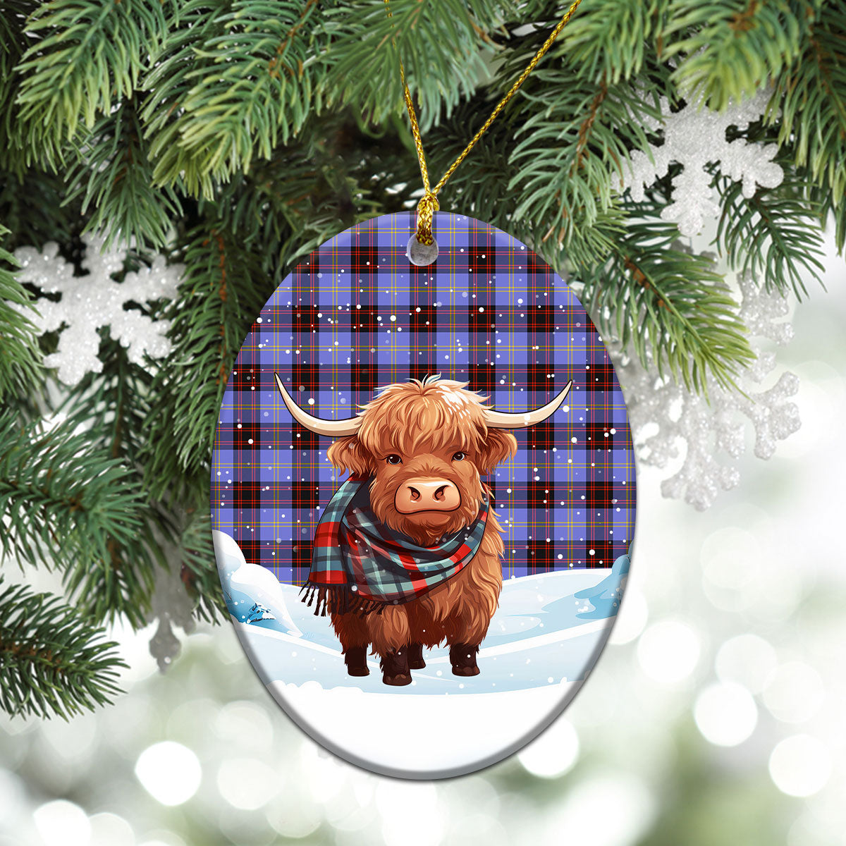 Rutherford Tartan Christmas Ceramic Ornament - Highland Cows Snow Style