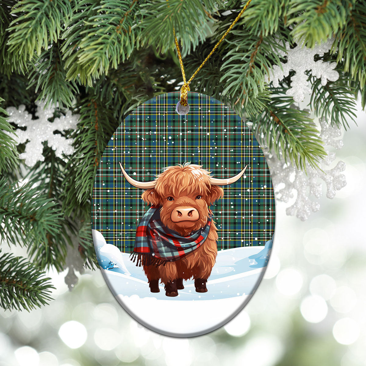 Scott Green Ancient Tartan Christmas Ceramic Ornament - Highland Cows Snow Style