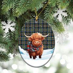 Scott Green Modern Tartan Christmas Ceramic Ornament - Highland Cows Snow Style