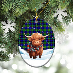 Sempill Modern Tartan Christmas Ceramic Ornament - Highland Cows Snow Style