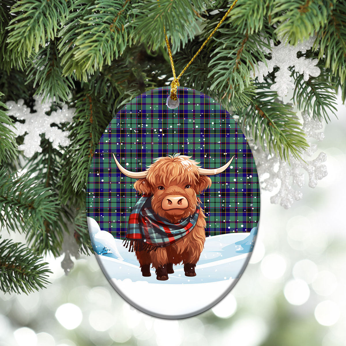 Stevenson Tartan Christmas Ceramic Ornament - Highland Cows Snow Style