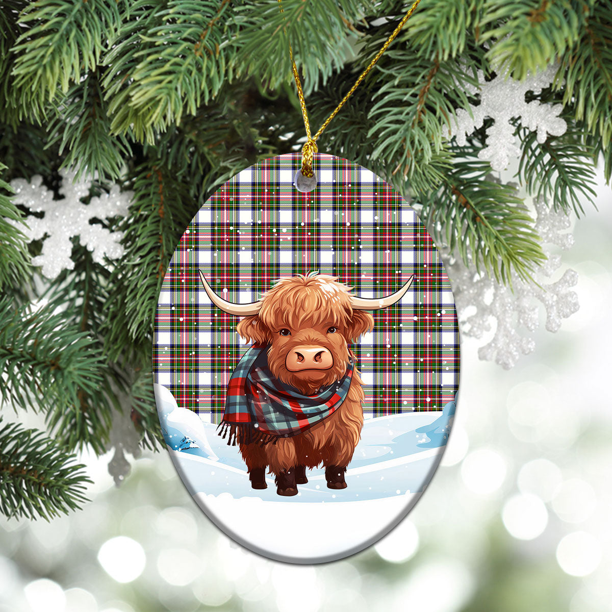 Stewart Dress Modern Tartan Christmas Ceramic Ornament - Highland Cows Snow Style