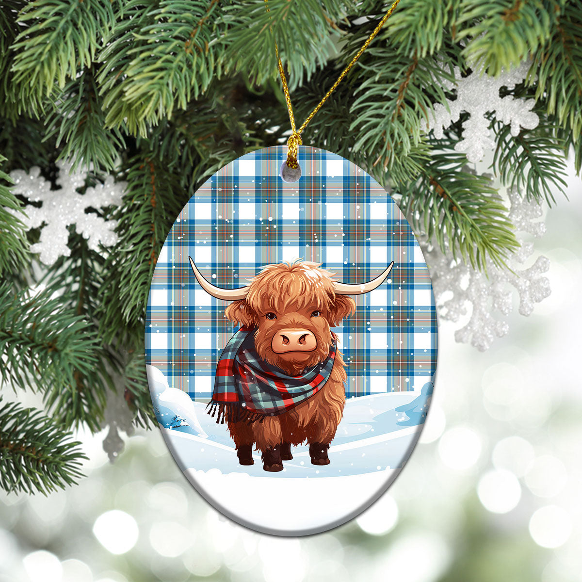 Stewart Muted Blue Tartan Christmas Ceramic Ornament - Highland Cows Snow Style