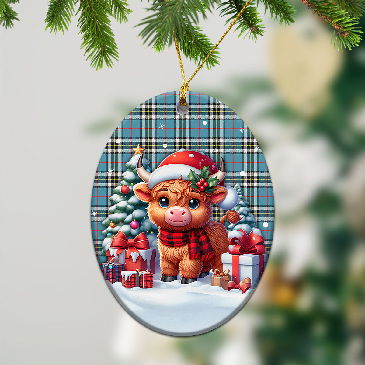 Thomson Blue Tartan Christmas Ceramic Ornament - Highland Cow Winter Style