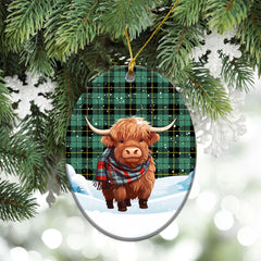 Wallace Hunting Ancient Tartan Christmas Ceramic Ornament - Highland Cows Snow Style