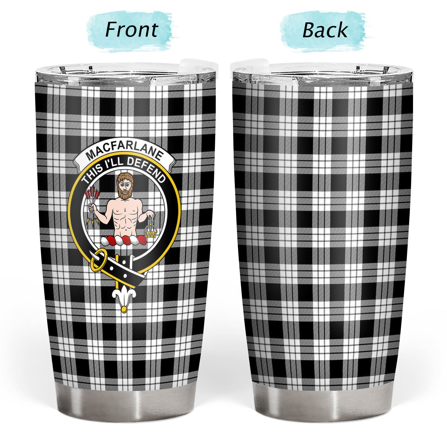 MacFarlane Black _ White Tartan Crest Tumbler