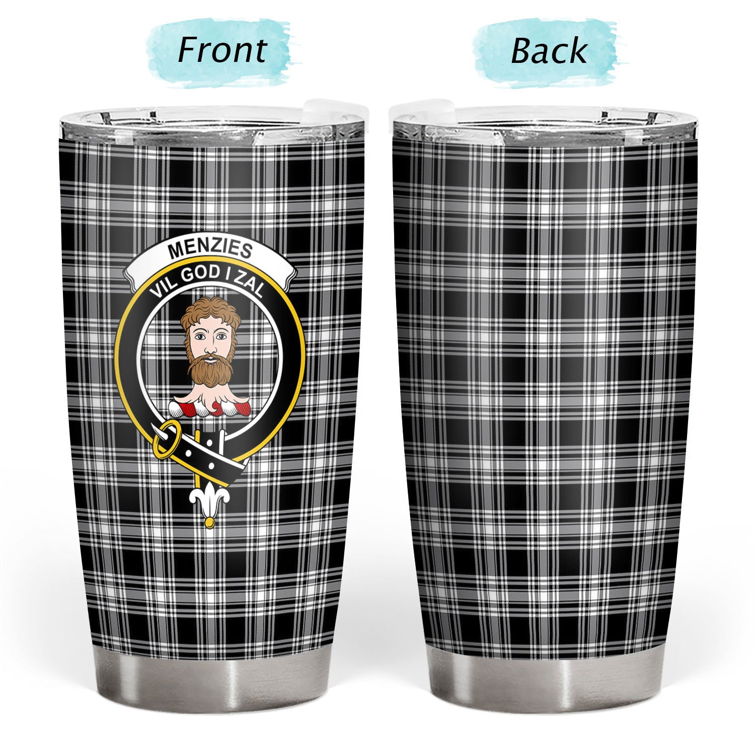 Menzies Black _ White Modern Tartan Crest Tumbler