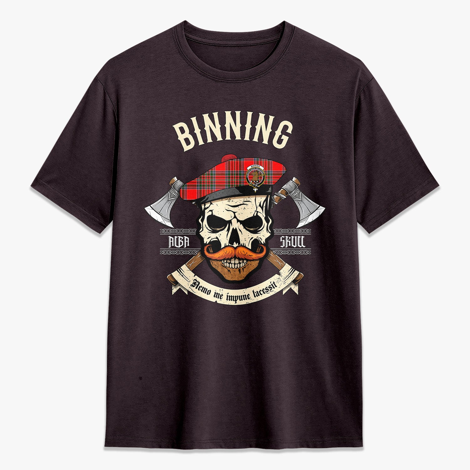 Binning (of Wallifoord) Tartan Crest 2D T-shirt - Alba Skull Style