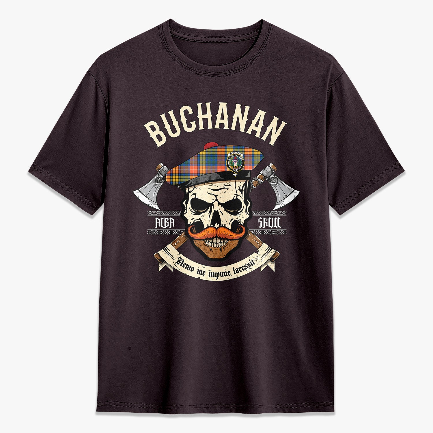 Buchanan Ancient Tartan Crest 2D T-shirt - Alba Skull Style