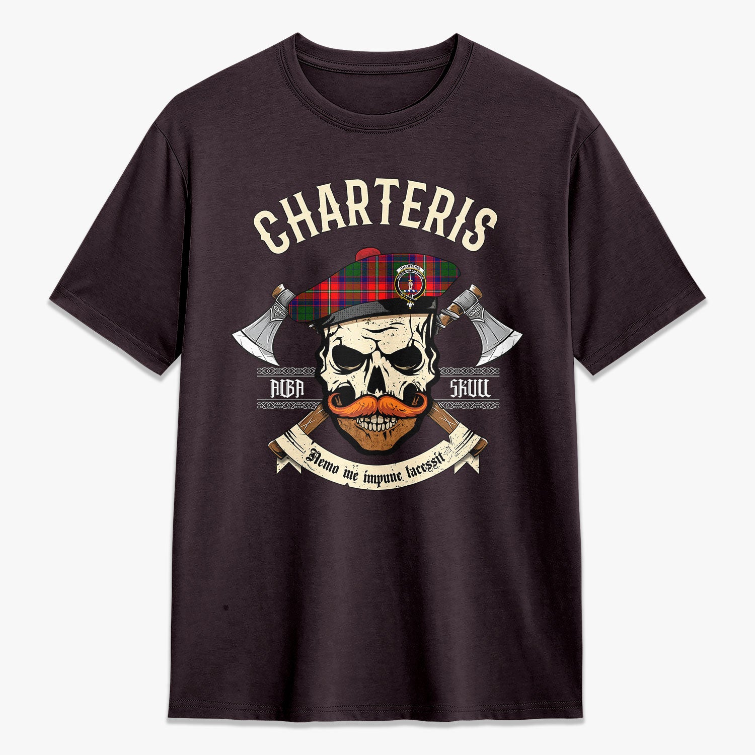 Charteris (Earl of Wemyss) Tartan Crest 2D T-shirt - Alba Skull Style