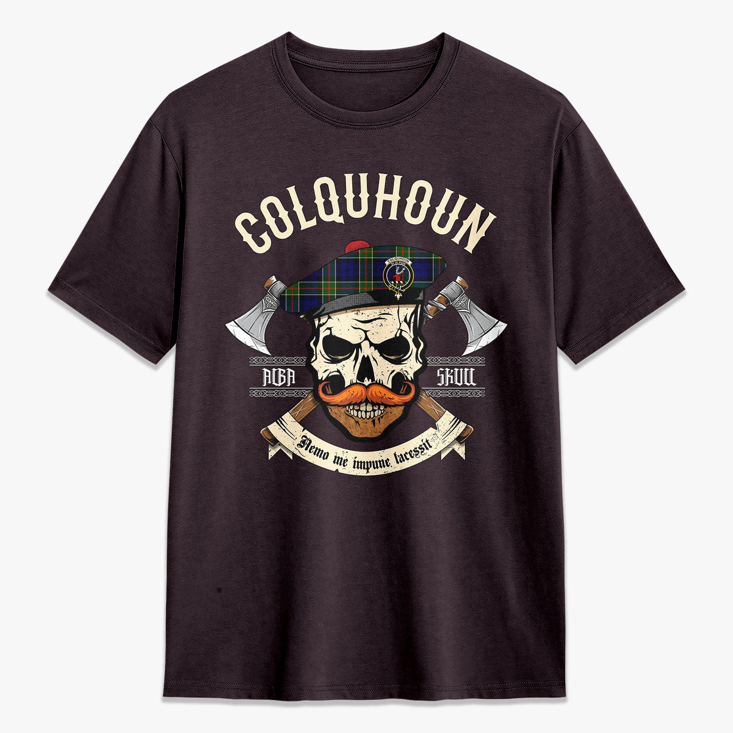 Colquhoun Modern Tartan Crest 2D T-shirt - Alba Skull Style