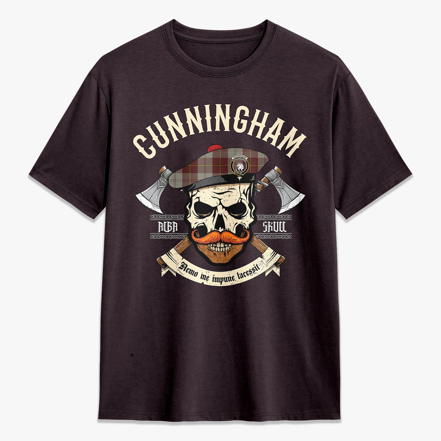 Cunningham Burgundy Dancers Tartan Crest 2D T-shirt - Alba Skull Style