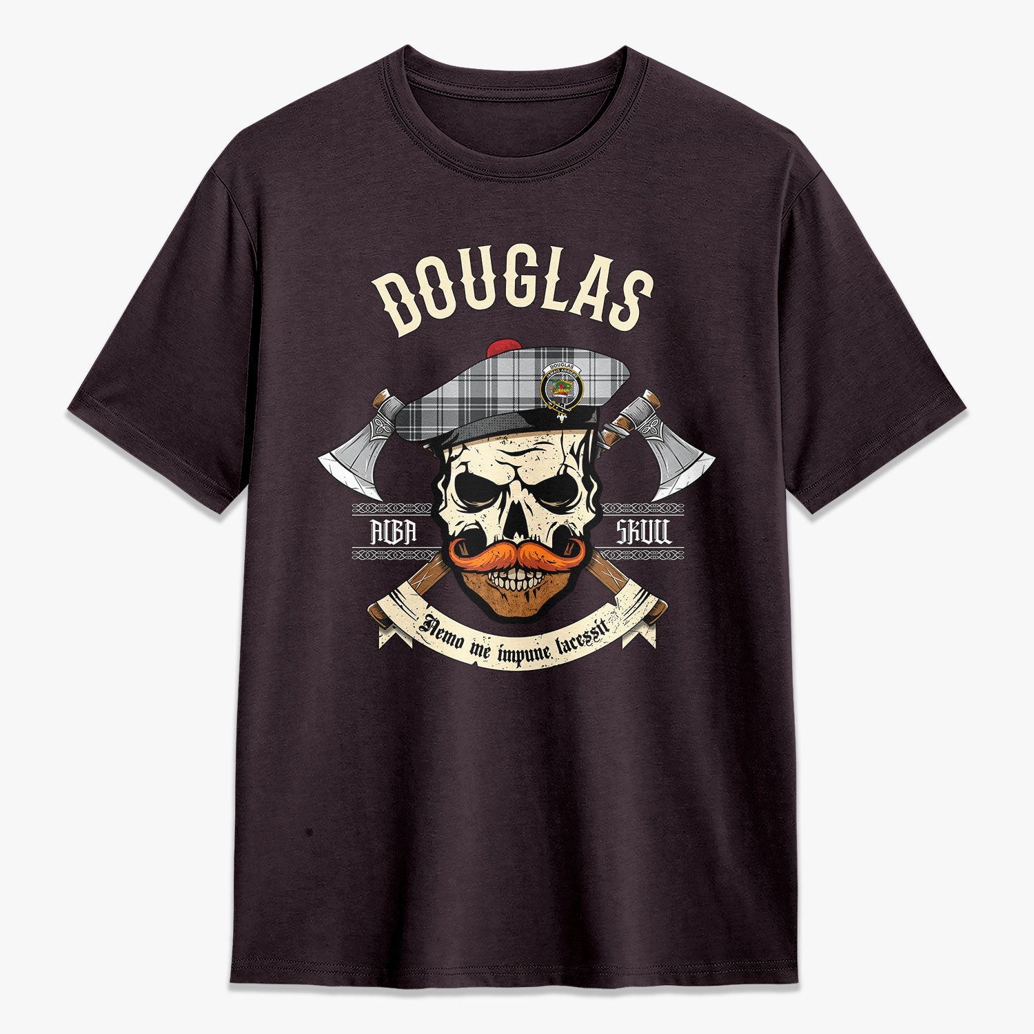 Douglas Grey Modern Tartan Crest 2D T-shirt - Alba Skull Style