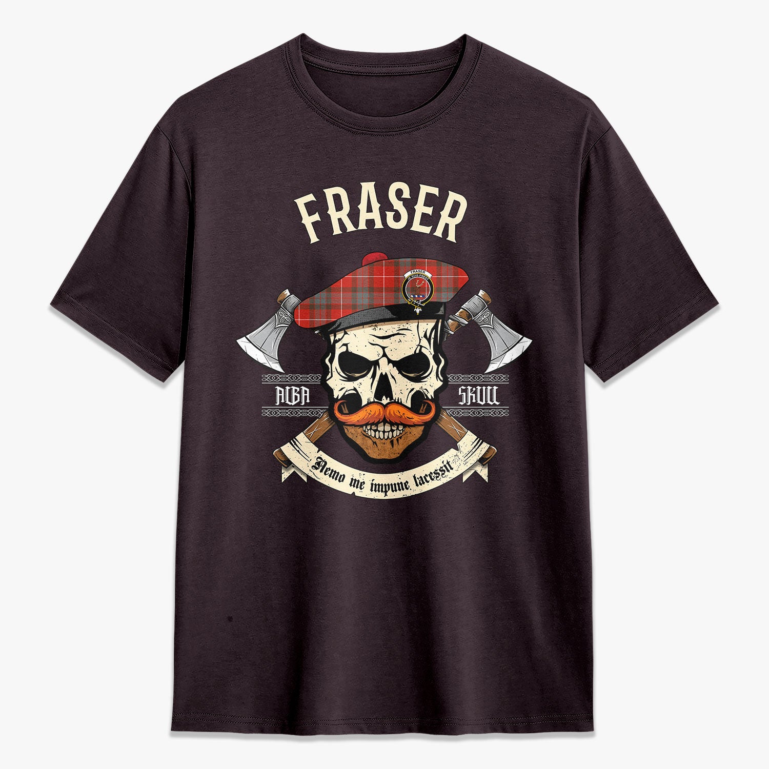 Fraser (of Lovat) Weathered Tartan Crest 2D T-shirt - Alba Skull Style