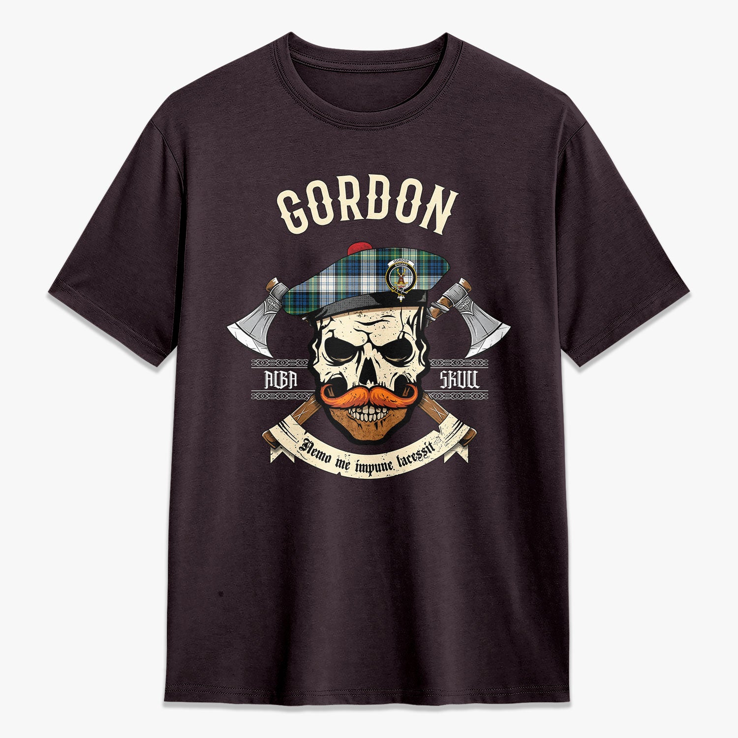 Gordon Dress Ancient Tartan Crest 2D T-shirt - Alba Skull Style