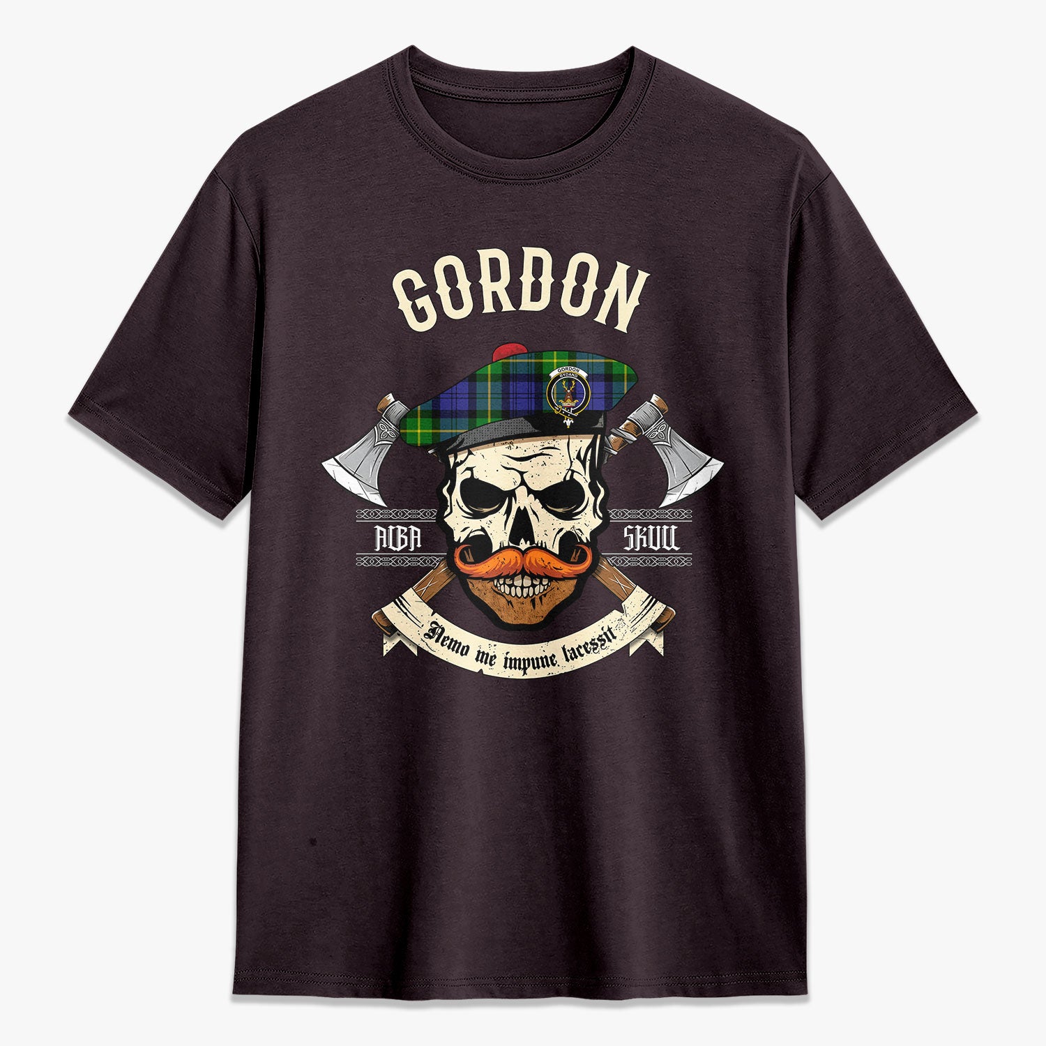 Gordon Modern Tartan Crest 2D T-shirt - Alba Skull Style